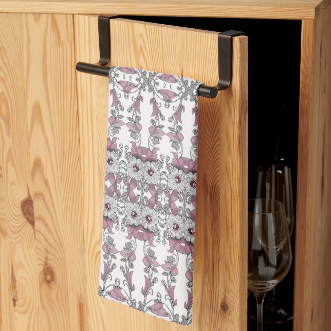 Pink Silver White Floral Kitchen Towels (Thirds Fold)