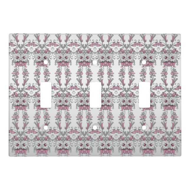 Pink Silver White Floral Light Switch Cover (Front)