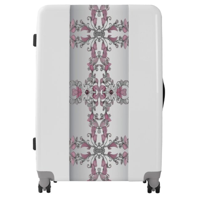 Pink Silver White Floral Luggage (Front)
