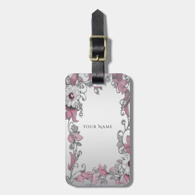 Pink Silver White Floral Luggage Tag (Front Vertical)