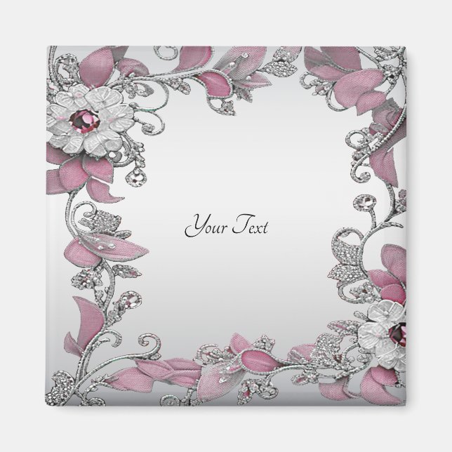 Pink Silver White Floral Magnet (Front)