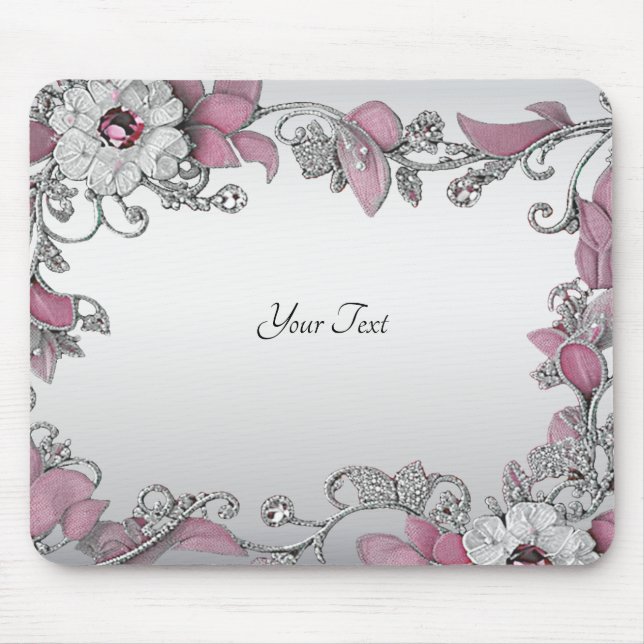 Pink Silver White Floral Mousepad (Front)