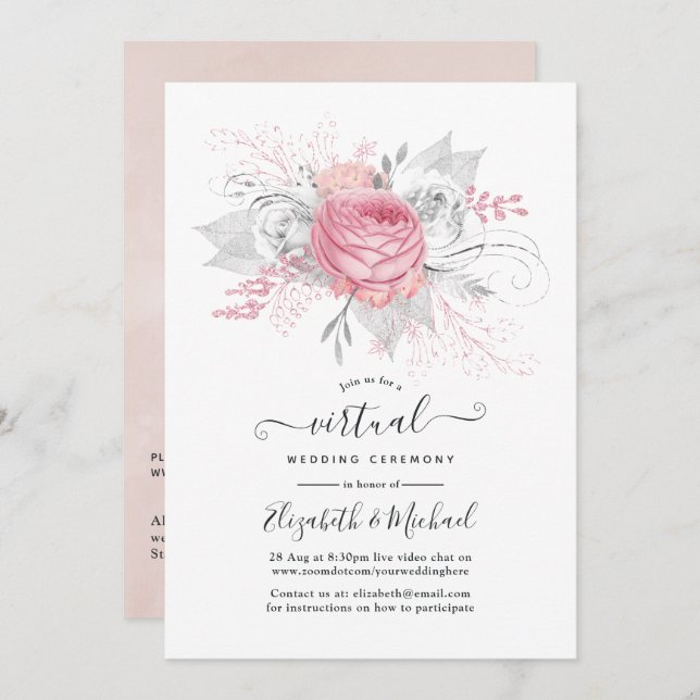 Pink, Silver & White Floral Online Virtual Wedding Invitation (Front/Back)
