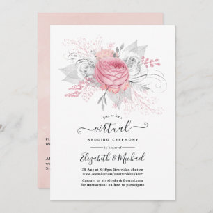 Pink, Silver & White Floral Online Virtual Wedding Invitation