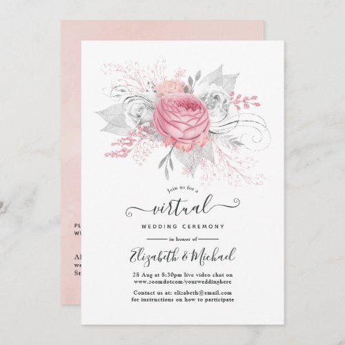 Pink Silver  White Floral Online Virtual Wedding Invitation