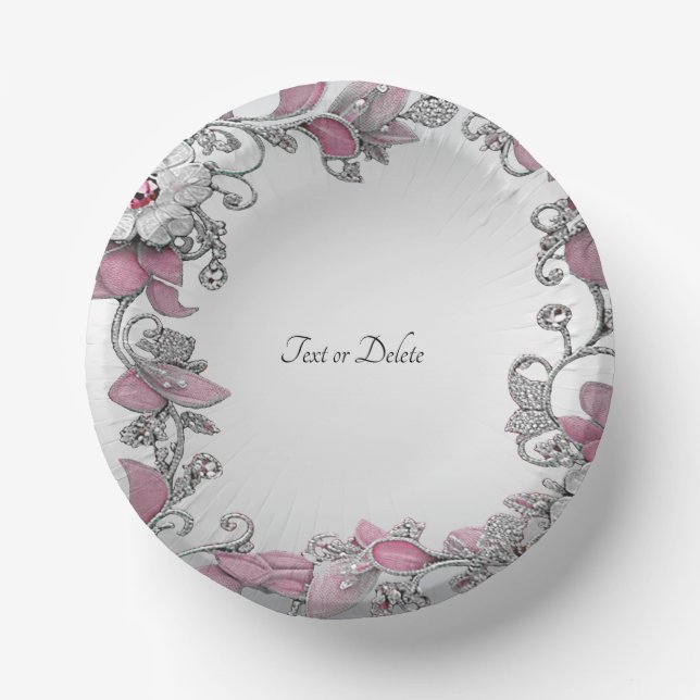 Pink Silver White Floral Paper Bowls (Front)