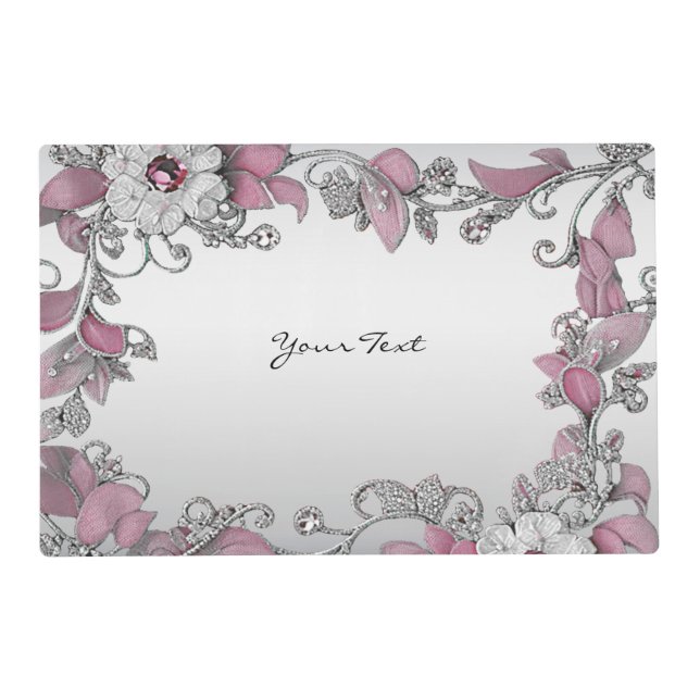 Pink Silver White Floral Paper Placemat (Front)