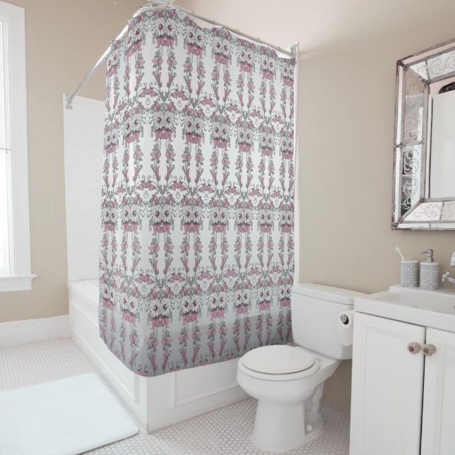 Pink Silver White Floral Shower Curtain (In Situ)