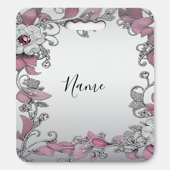 Pink Silver White Floral Stadium Seat Cushion (Front Vertical)
