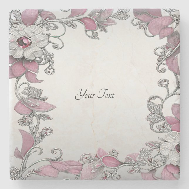 Pink Silver White Floral Stone Coaster (Front)