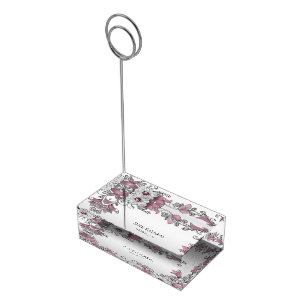 Pink Silver White Floral Table Card Holder