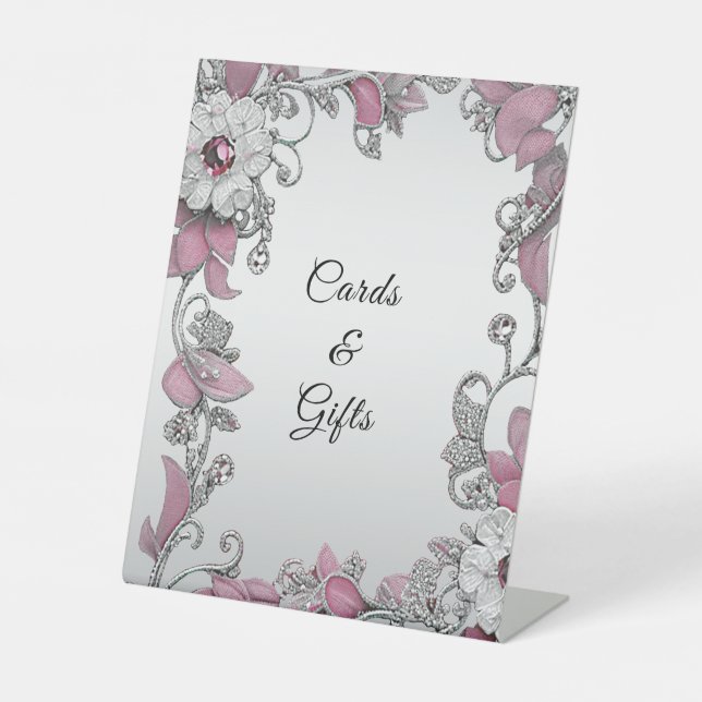 Pink Silver White Floral Tabletop Signs (Front)