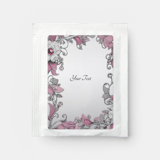 Pink Silver White Floral Tea Bag Drink Mix (Front)