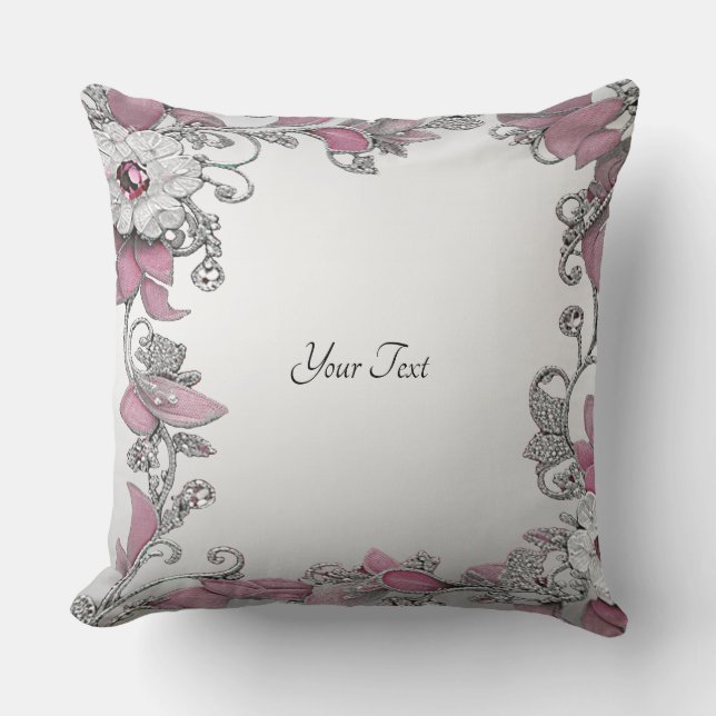 Pink Silver White Floral Throw Pillow (Front)