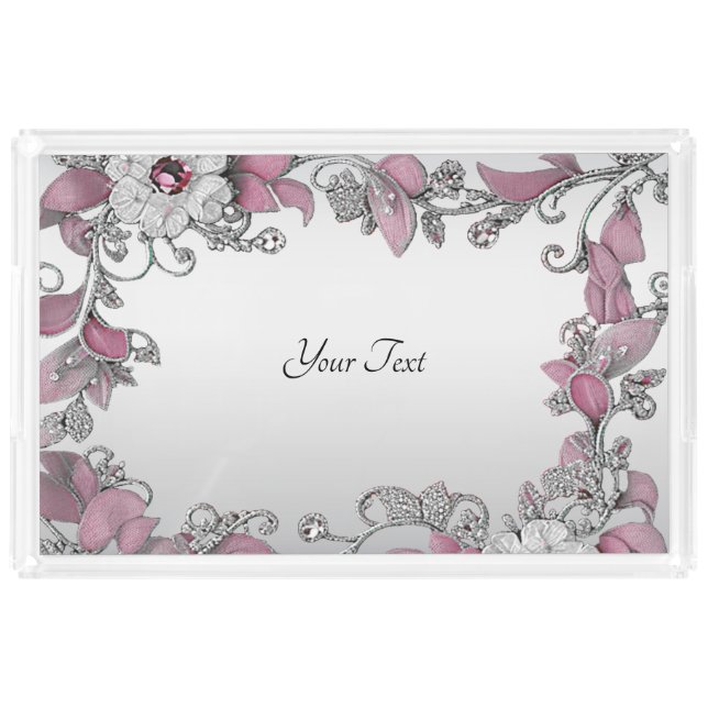Pink Silver White Floral Vanity Tray (Front)