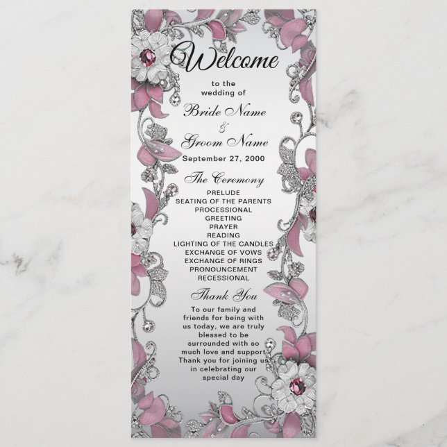 Pink Silver White Floral Wedding Program (Front)