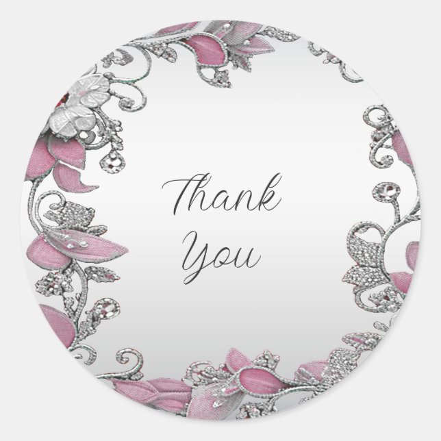Pink Silver White Floral Wedding Sticker (Front)