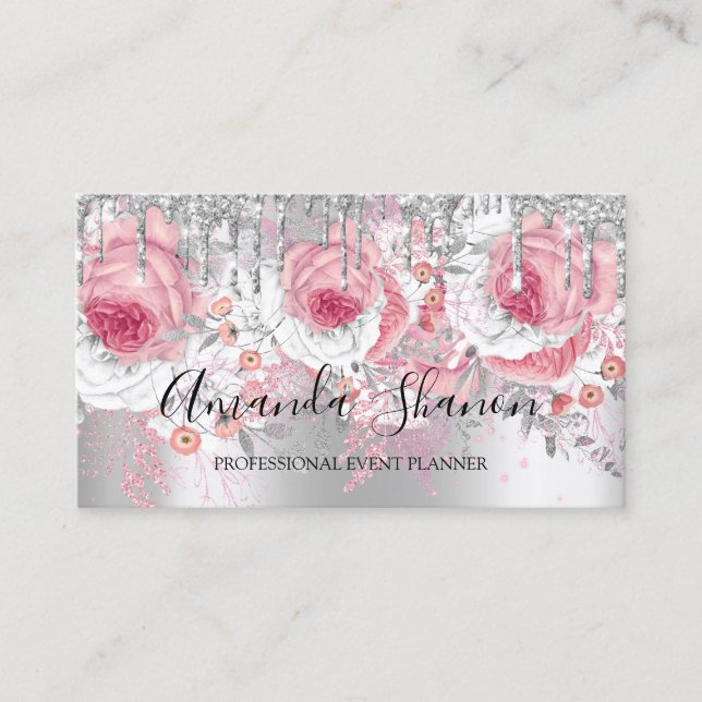 Pink Silver White Glitter Drip Logo Event Planner Business Card (Front)
