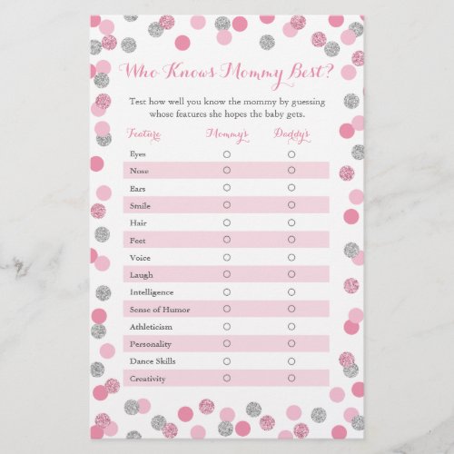 Pink Silver Who Knows Mommy Best Baby Shower Game