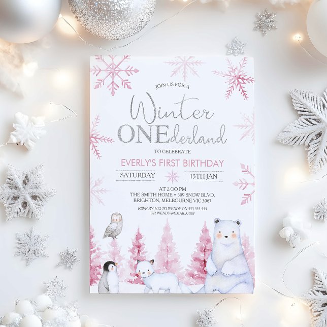 Pink Silver Winter Animals Onederland Birthday Invitation (Winter Onederland Birthday Invitations Girl, Arctic Animals Winter Onederland Invitation, Pink )