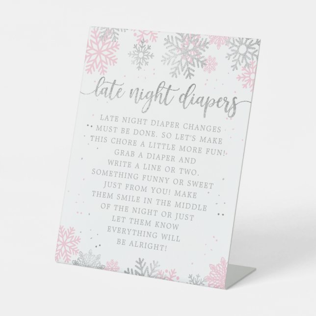 Pink Silver Winter Late Night Diapers Baby Shower Pedestal Sign (Front)