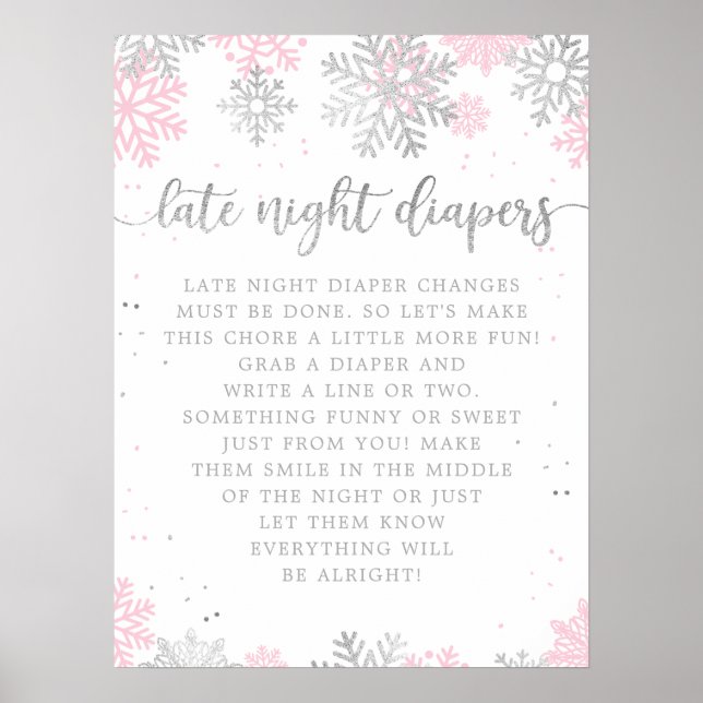Pink Silver Winter Late Night Diapers Baby Shower Poster (Front)