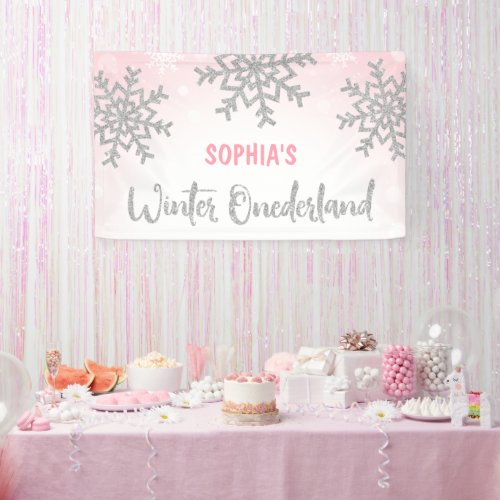 Pink Silver Winter ONEderland 1st Birthday Banner