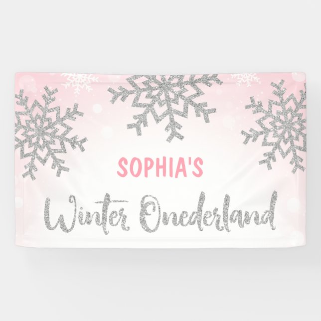 Pink Silver Winter ONEderland 1st Birthday Banner (Horizontal)
