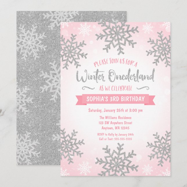 Pink Silver Winter ONEderland 1st Birthday Invite (Front/Back)
