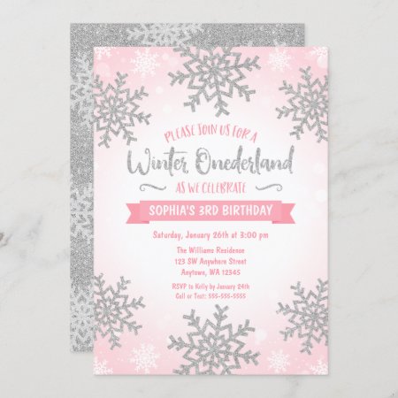 Pink Silver Winter Onederland 1st Birthday Invite
