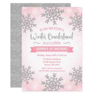 Pink Silver Winter ONEderland 1st Birthday Invite
