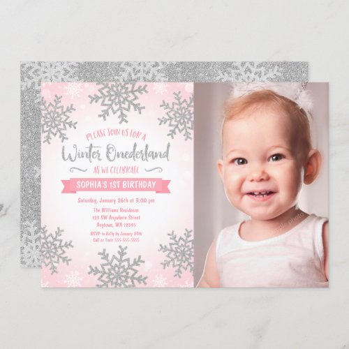 Pink Silver Winter ONEderland 1st Birthday Photo Invitation