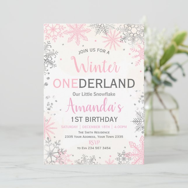 Pink Silver Winter ONEderland Birthday Invitation (Standing Front)