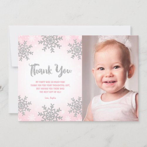 Pink Silver Winter ONEderland Birthday Photo Thank You Card