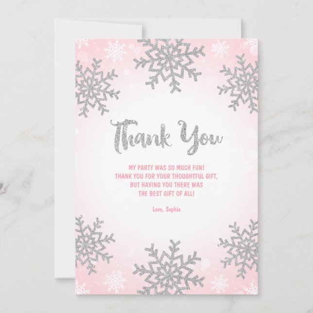 Pink Silver Winter ONEderland Birthday Thank You Card (Front)