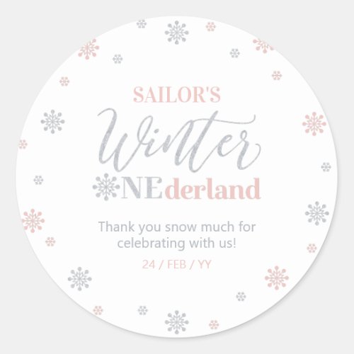 Pink Silver Winter onederland Thank you snow much Classic Round Sticker