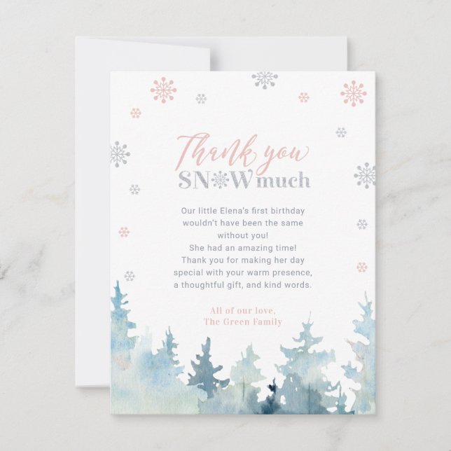 Pink & Silver Winter Photo Party Thank You Card (Front)