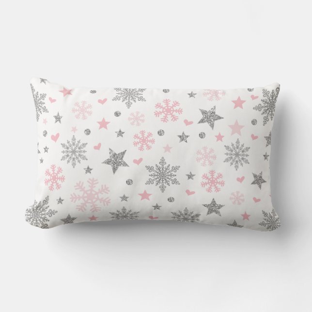 Pink Silver Winter Snowflake Baby Girl Nursery Lumbar Pillow (Front)