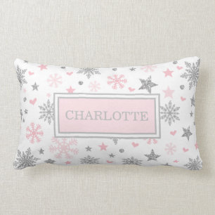 Pink Silver Winter Snowflake Baby Girl Nursery Lumbar Pillow