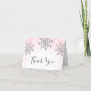 Pink Silver Winter Snowflake Letterpress Thank You Card