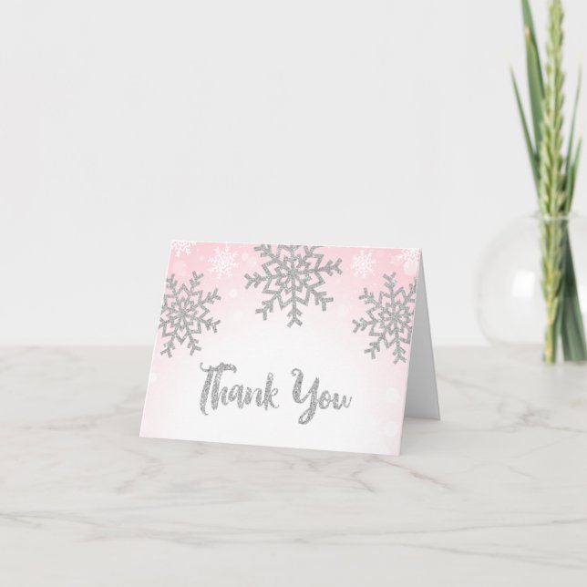 Pink Silver Winter Snowflake Letterpress Thank You Card (Front)