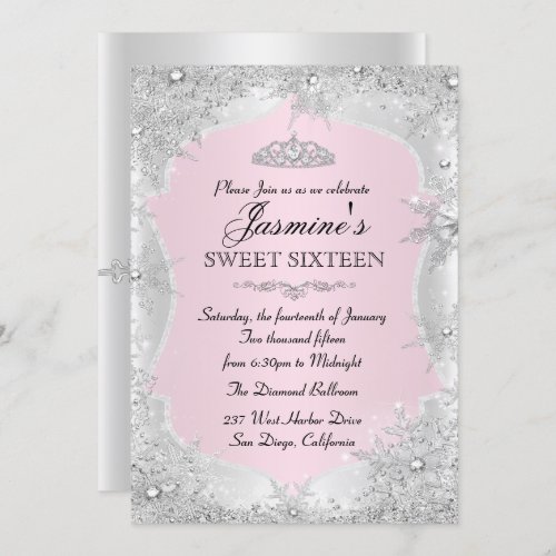 Pink Silver Winter Snowflake Sweet 16 Invitation