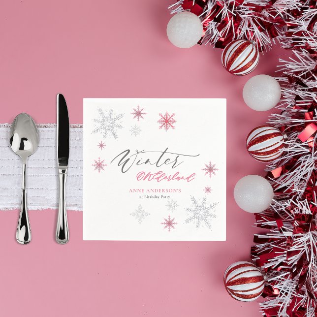 Pink Silver Winter Snowflakes 1st Birthday  Napkins (Creator Uploaded)