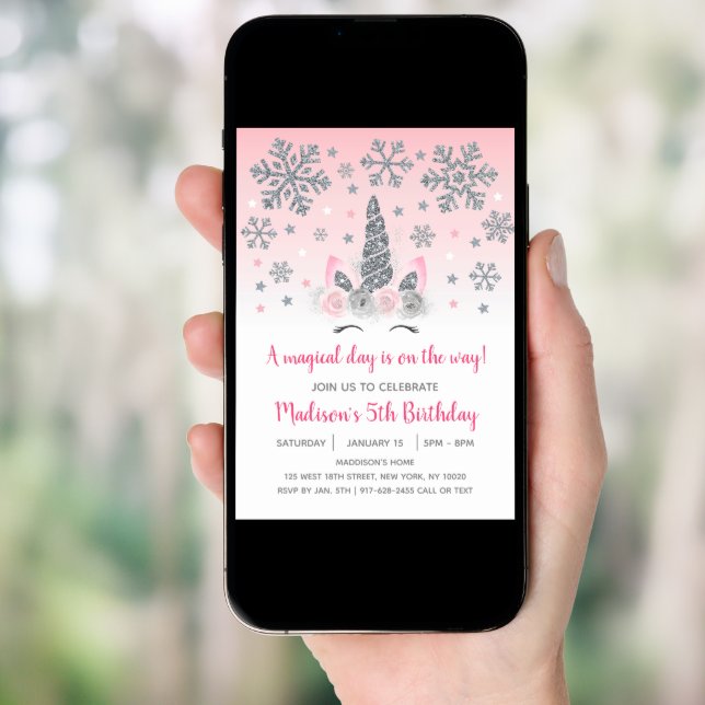 Pink & Silver Winter Unicorn Magical Birthday Invitation (Front Digital)