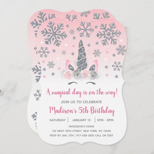 Pink & Silver Winter Unicorn Magical Birthday Invitation (Front/Back)
