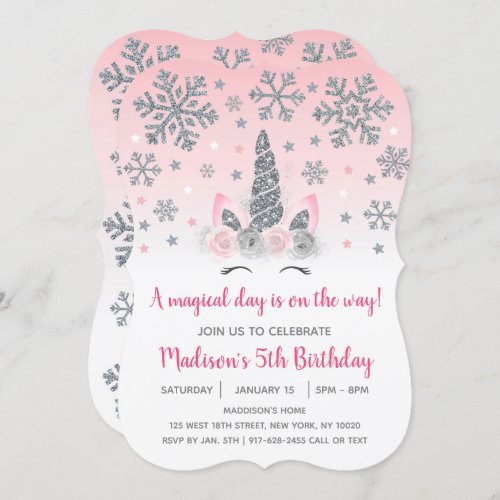 Pink  Silver Winter Unicorn Magical Birthday Invitation