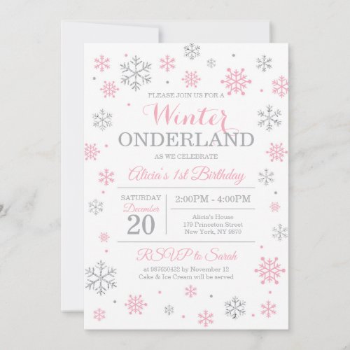 Pink Silver Winter Wonderland Birthday Invitation