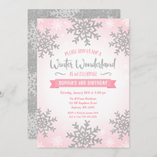 Pink Silver Winter Wonderland Girl Birthday Invitation