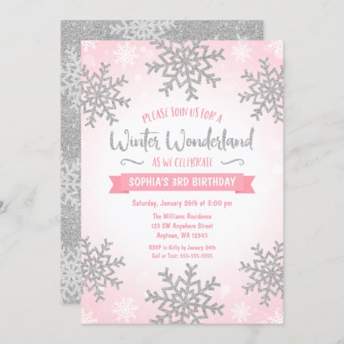 Pink Silver Winter Wonderland Girl Birthday Invitation