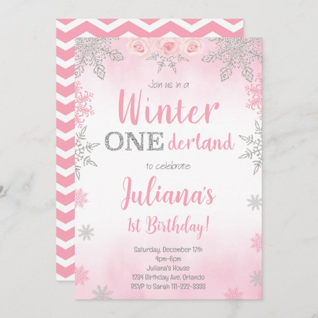 Pink Silver Winter Wonderland Invitation (Front/Back)